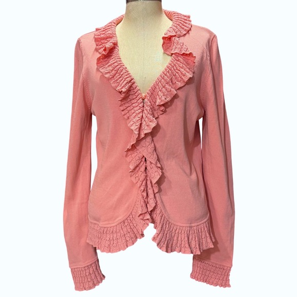 due per due Sweaters - Due Per Due M Coral Pink Ruffle Cardigan Pearl Button‎ Fairy Coquette Valentines
